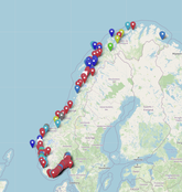 kart over norge med ulike merker på