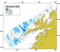 kartet viser mengde fisk målt i ulike områder, illustrert med blåfarger. Det er sterkest blåfarge og med det mest målt fisk på yttersiden av Lofoten og Vesterålen. 