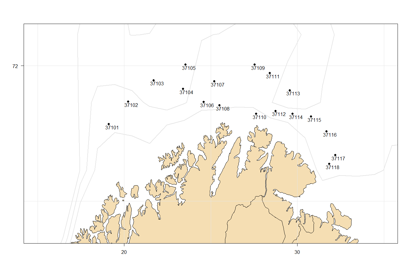 Figure A8. Pelagic trawl stations with associated serial numbers.