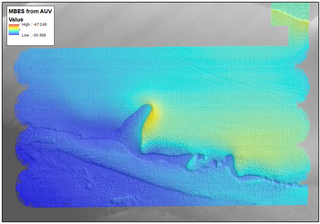 A map showing a colourful area of multibeam bathymetry that highlights some interesting bedforms on the seafloor between 50 and 47m deep.