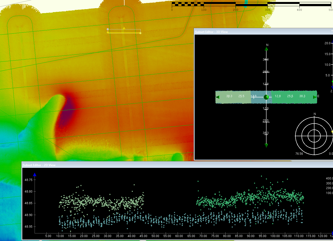 Image shows a screenshot from Caris MBE cleanig software where MBE data from the second dive is shown with insets that show data in crossection to see how lines collected alongsie each other align in depth records. Here the crossections are zoomed in further to show the mismatch in depth values - here data collected 1.5 hours apart but overlapping shows a mismatch in depth records of around 15cm
