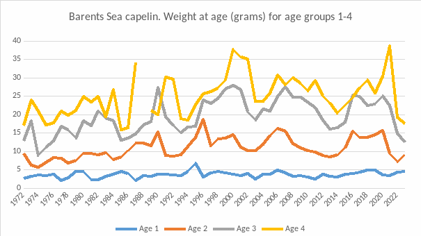 Figure 10. 2. Weight-at-age (grams) for capelin from the autumn survey.