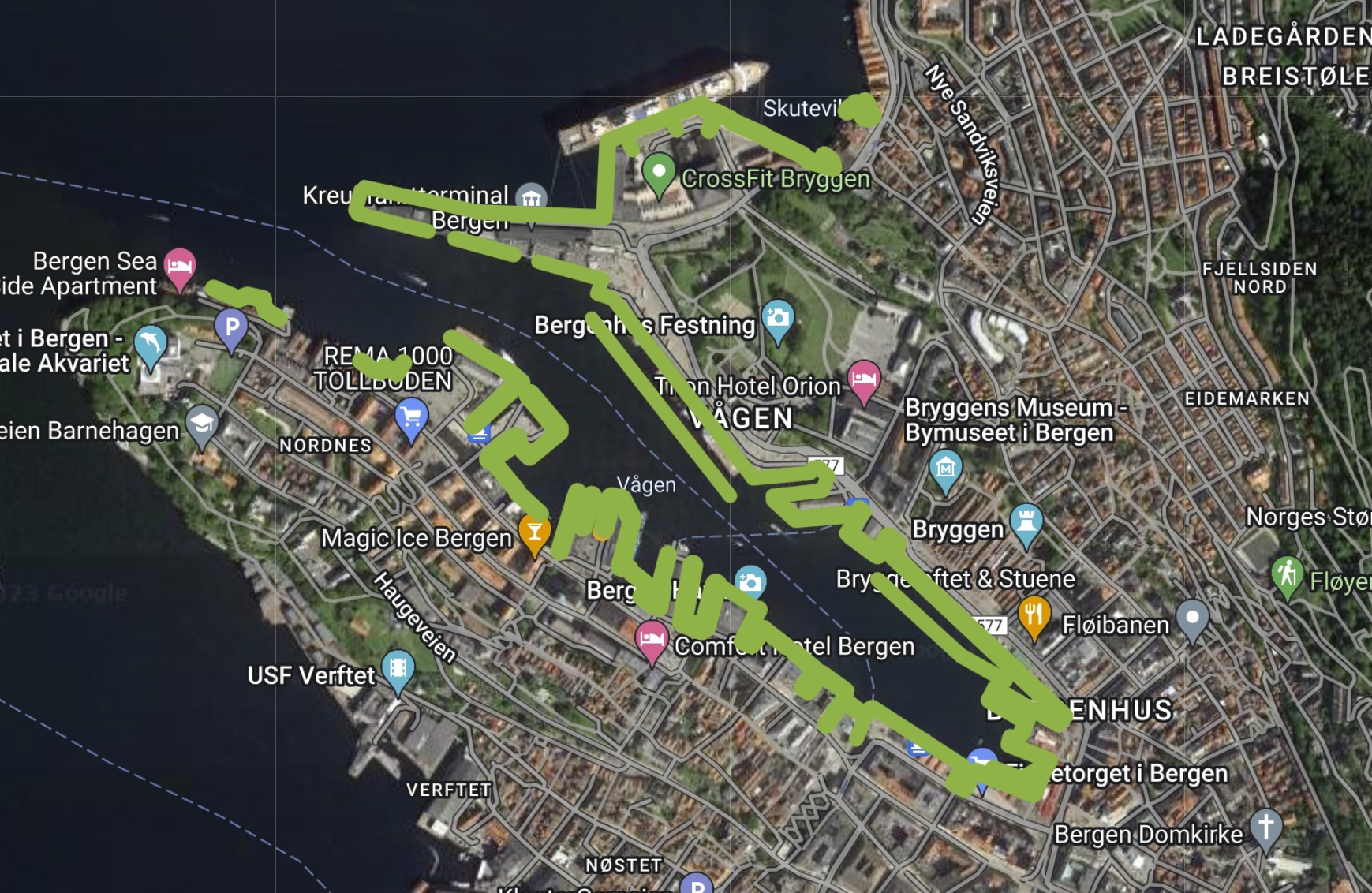 Kartet viser transekter som er kjørt i Bergen sentrum uten funn av havnespy.