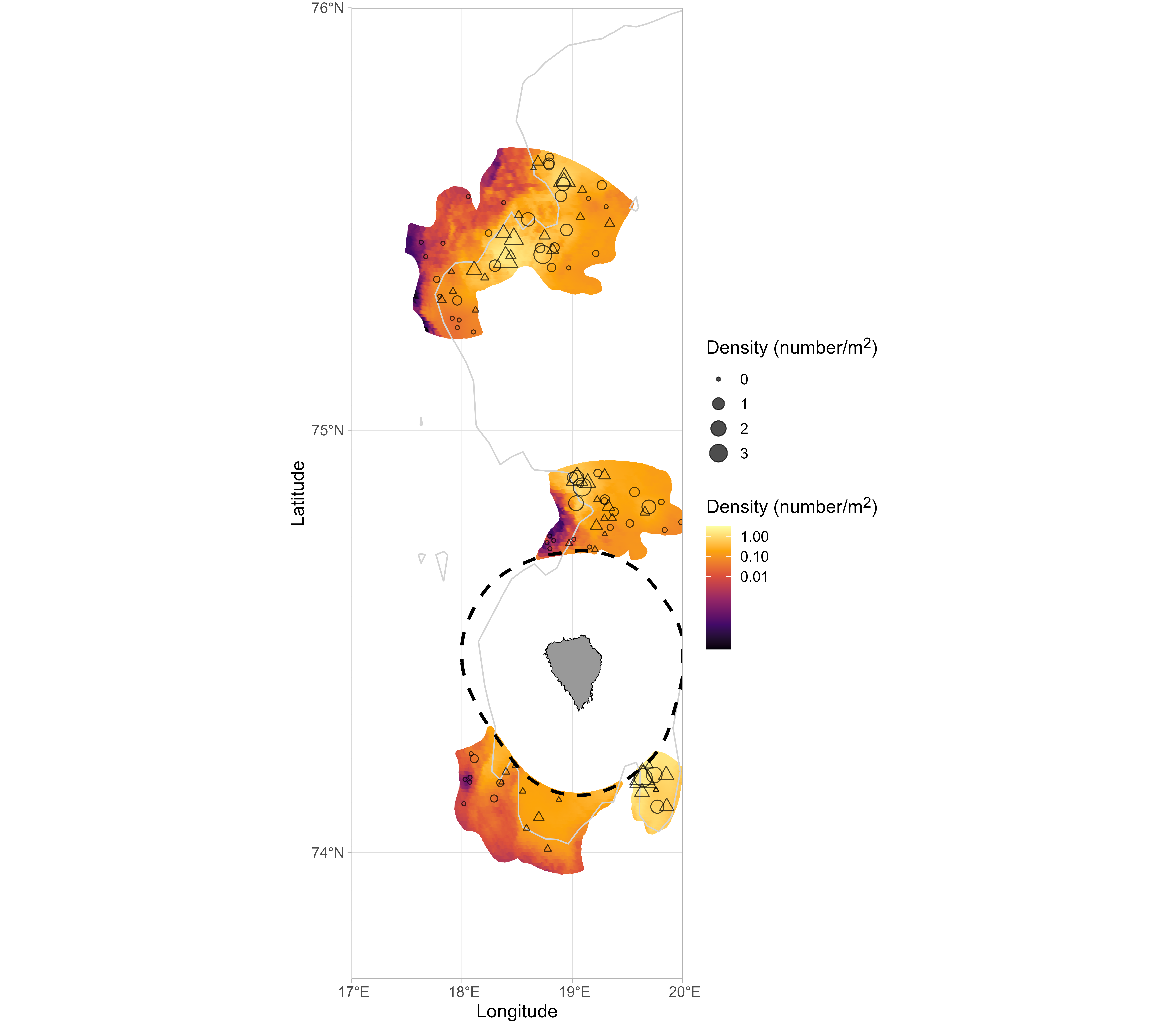 Density of scallops in Bear Island area (Concordia, Kveitehola and Bear Island SE scallop beds, from north to south). Shown are observed densities from vid_eo transects and dredge stations (circles with radius scaled to density) overlaid on predicted densities from spatial GAMM including weighted video and dredge observations used to estimate stock size (color scale). Land masses are indicated in grey, protected areas with dashed lines, and 100m depth contour with solid grey lines. Note that densities are on log10-scale.