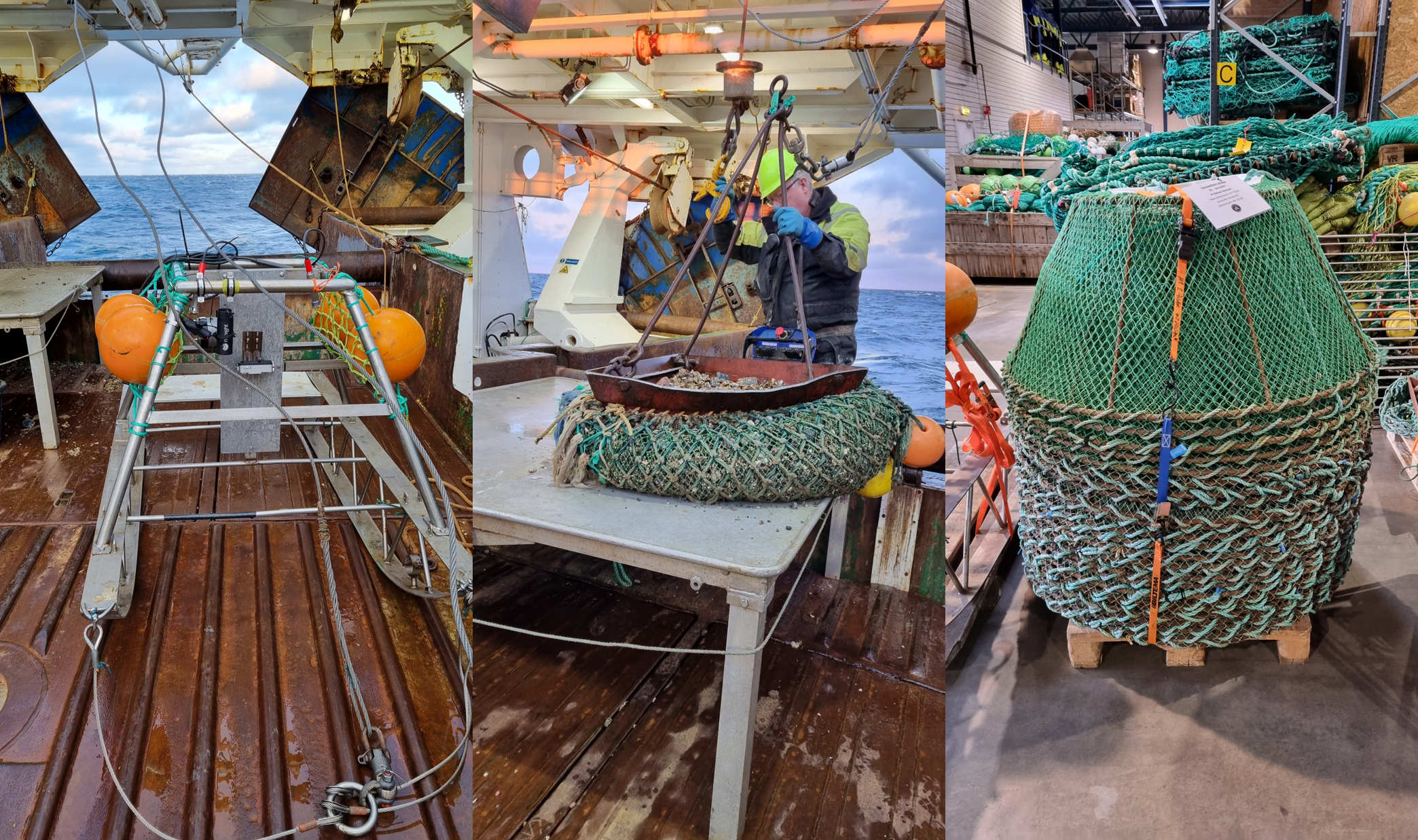 Survey gear used during survey 2022839: video sledge (left), delta dredge (middle) and conical snow crab pots (right).