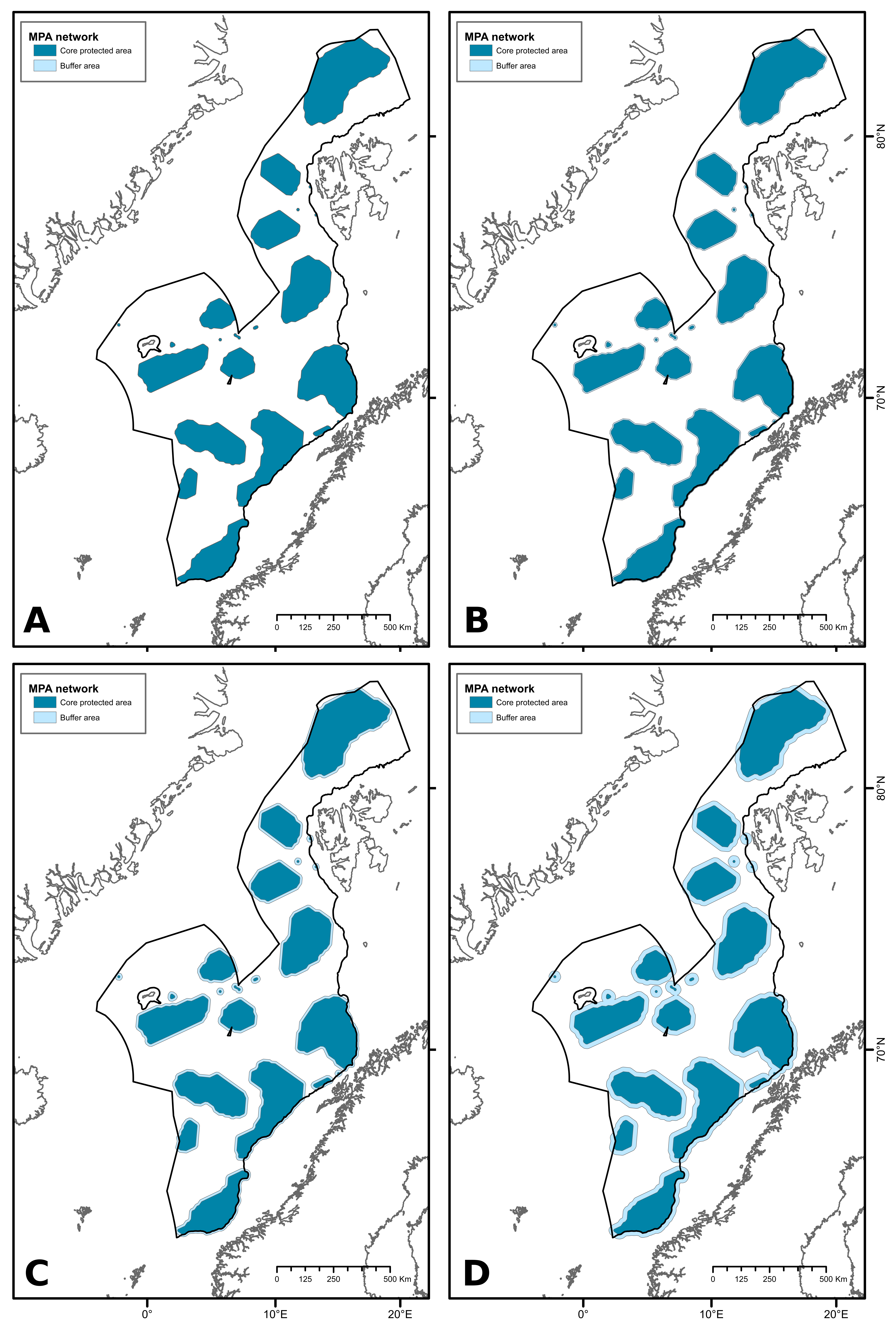 MPA units presented by dark blue areas and the buffer zones in light blue