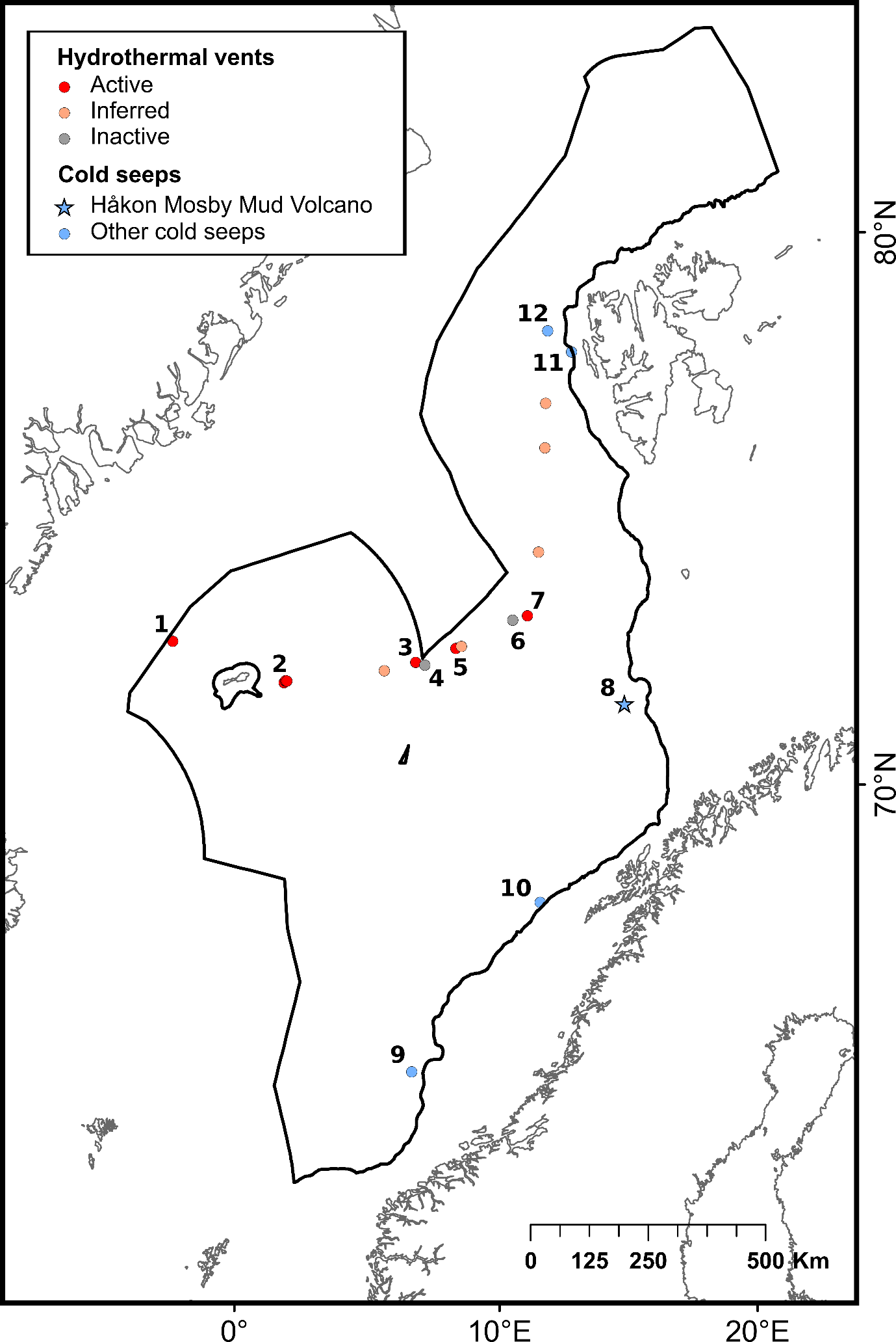 Hydrotermal vents: Active (red dots), Inferred (light orrange dots) and Inactive (grey dots). Cod seeps: Håkon Mosby Mud Volcano (blue star) and other cold seeps (blue dots)