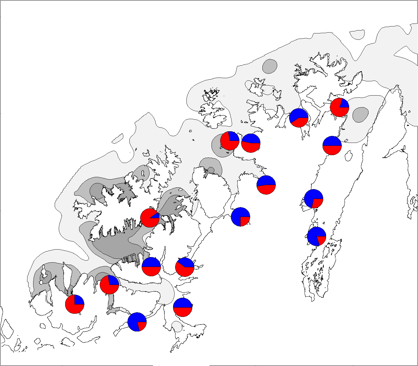 Figur 13 : Resultater fra DNA-analyser av torskeegg fra 2016. Sirklene viser andelen kysttorsk (blå) og skrei (rød), og det grå feltet i bakgrunnen viser en sannsynlighetsfordeling for skreiegg gytt på de ulike gyteområdene basert på driftmodellering