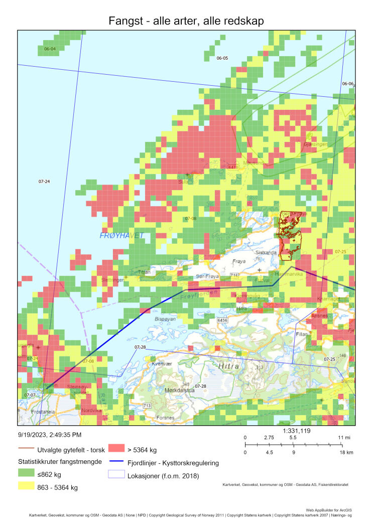 Figur 78 : Oversiktskart fiskeriaktivitet (AIS/VMS koblet med sluttseddeldata/ERS) i lokasjon 7-8 som inkluderer gytefeltet Erviksva (markert med mørkerøde linjer). Totale landinger av alle arter (kun sluttsedler som lot seg koble til detaljerte aktivitetsdata) i perioden 2018-2021 vises i rutenett farget etter en trafikklysmodell (rød > gul > grønn).