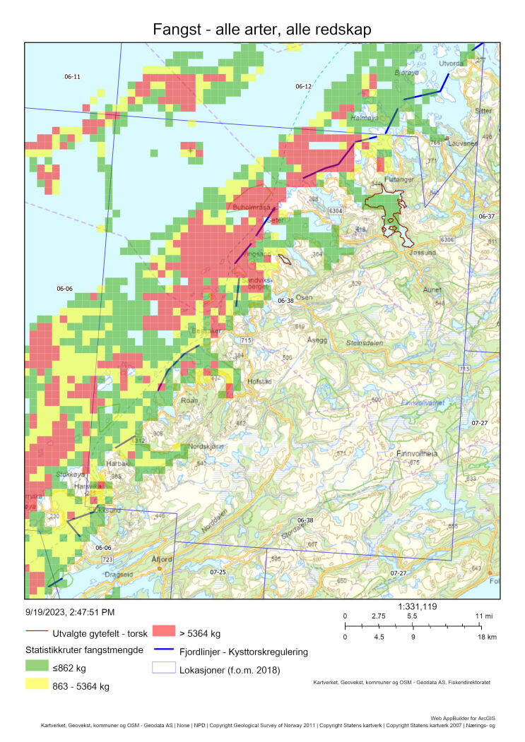 Figur 75 : Oversiktskart fiskeriaktivitet (AIS koblet med sluttseddeldata) i lokasjon 6-38 som inkluderer gytefeltet Jøssundfjorden (markert med mørkerøde linjer). Totale landinger av alle arter i perioden 2018-2021 vises i rutenett farget etter en trafikklysmodell (rød > gul > grønn).