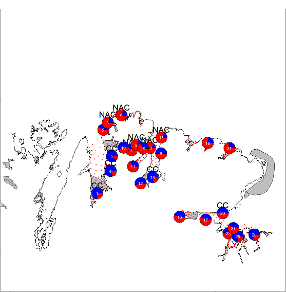 Figur 8 : Resultater fra DNA-analyser av torskeegg fra 2016. Sirklene viser andelen kysttorsk (blå) og skrei (rød).
