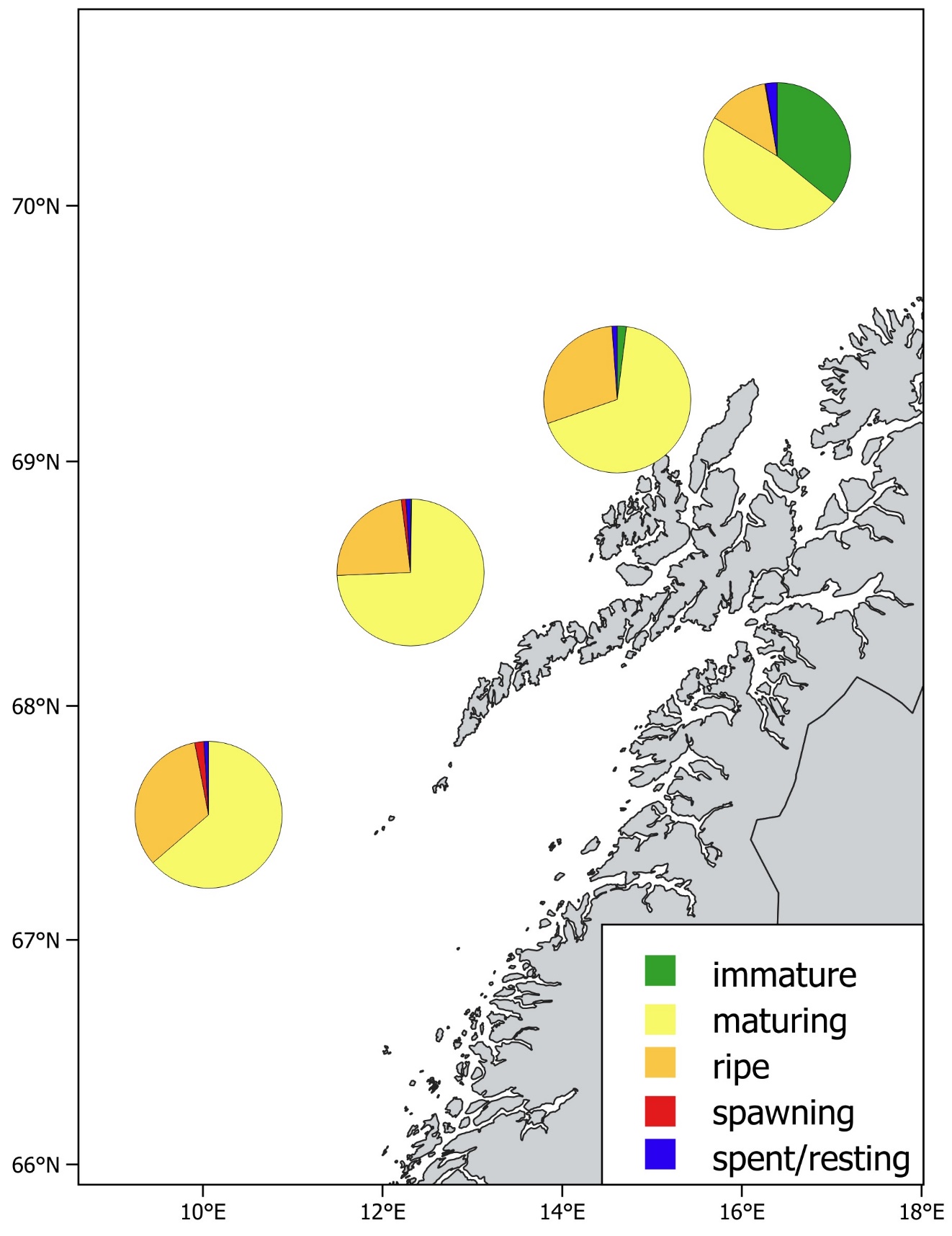 Bildet viser fordelingen av modningsstadier i ulike områder i nvg-gytetoktet i 2024.