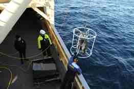 Utsikt frå broen om bord på et forskningsfartøy. På dekk står tre personer, en av dem holder i en CTD-sonde som blir senket ned i havet.