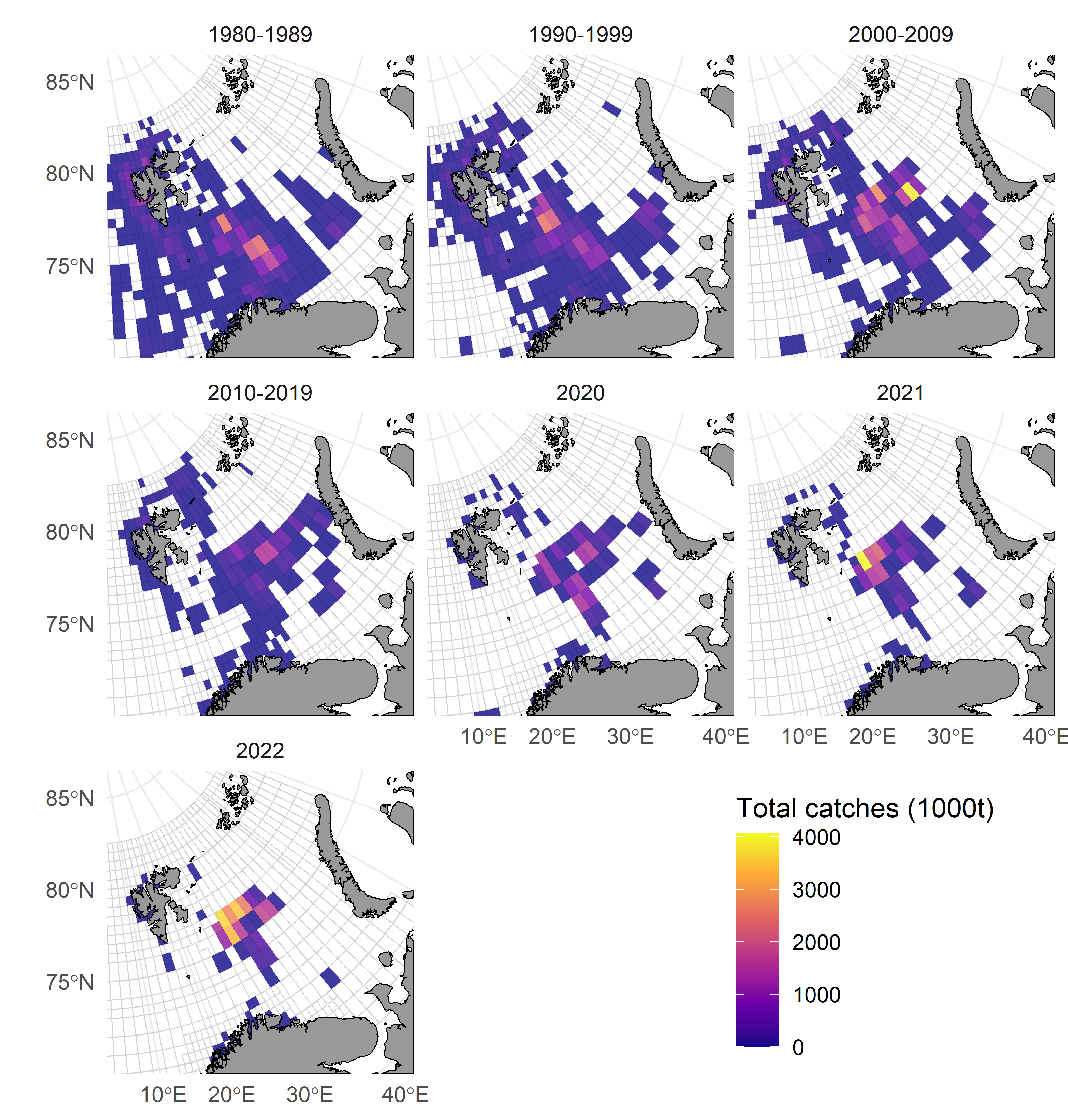 Spatial distribution of catches by year/period