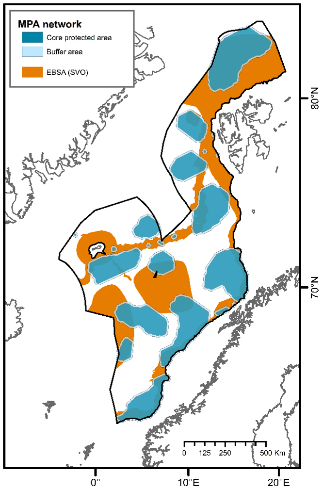 MPA units presented by blue areas in the map, buffer zone in light blue and the EBSAs identified for benthic species and habitats in the study area in orange.