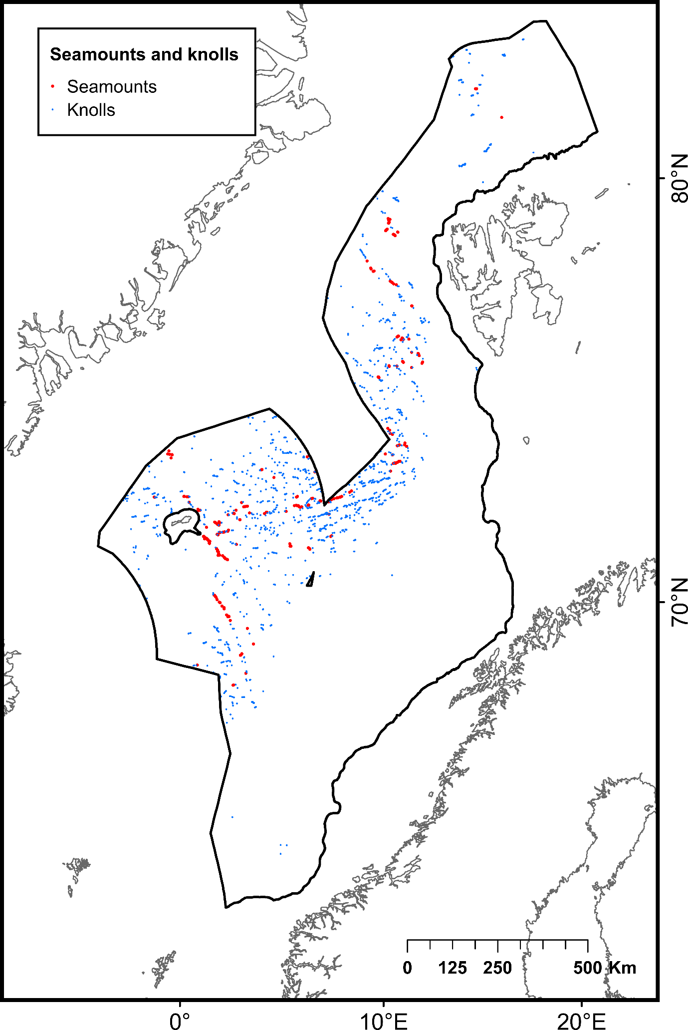 Red dots represent seamounts and blue dots represent knolls