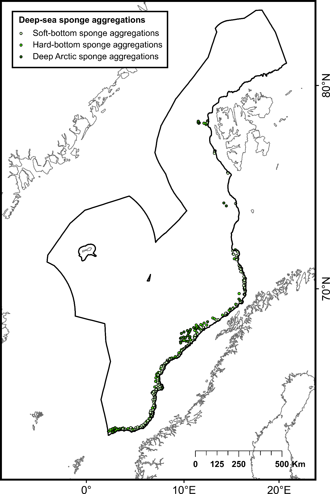 Circels represent Deep-sea sponge aggregations (from top to bottom): Soft-bottom sponge aggregations (white circles), Hard-bottom sponge aggregations (light green circles) and Deep Arctic sponge aggretations (dark green circles)