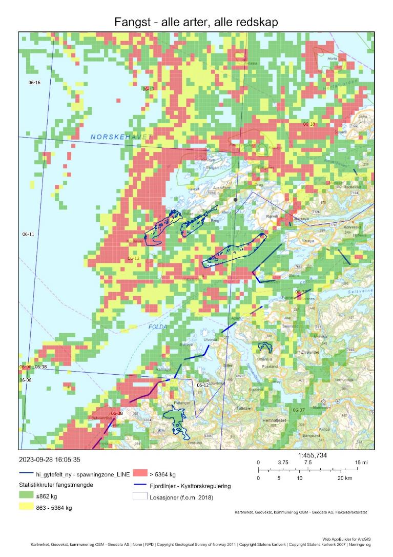 Figur 71 : Oversiktskart fiskeriaktivitet (AIS/VMS koblet med sluttseddeldata/ERS) i lokasjon 6-12 som inkluderer gytefeltene Benråsa, Tjønna og Sørøyråsa (markert med mørkeblå linjer). Totale landinger av alle arter (kun sluttsedler som lot seg koble til detaljerte aktivitetsdata)i perioden 2018-2021 vises i rutenett farget etter en trafikklysmodell (rød > gul > grønn).