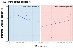 Figur som viser spekkhogger svømmeaktivitet før og under lydeksponering.
